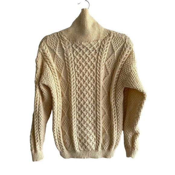 HAND KNIT Wool Chunky Knit Shawl Collar Long Sleeve Sweater Wood Buttons Cream M - Picture 6 of 7